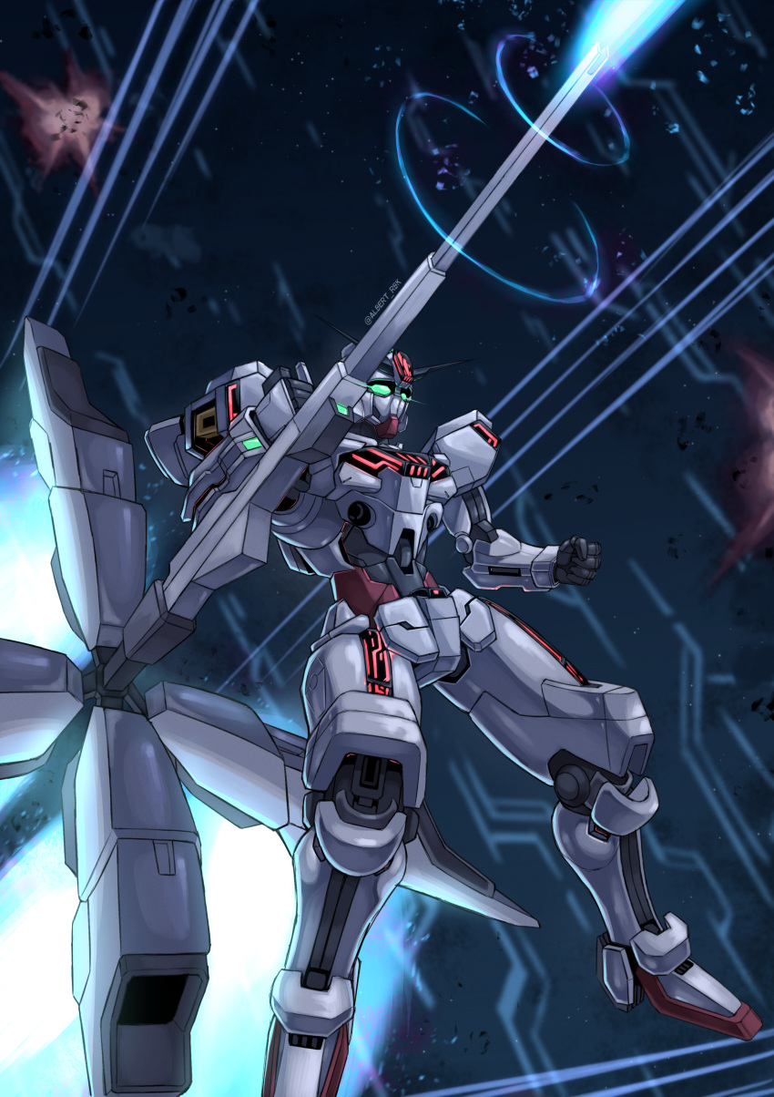 absurdres albert_rbk beam_cannon energy_cannon exhaust explosion firing glowing glowing_eyes green_eyes gundam gundam_calibarn gundam_suisei_no_majo highres holding holding_cannon holding_weapon mecha mobile_suit no_humans robot science_fiction solo thrusters twitter_username v-fin weapon