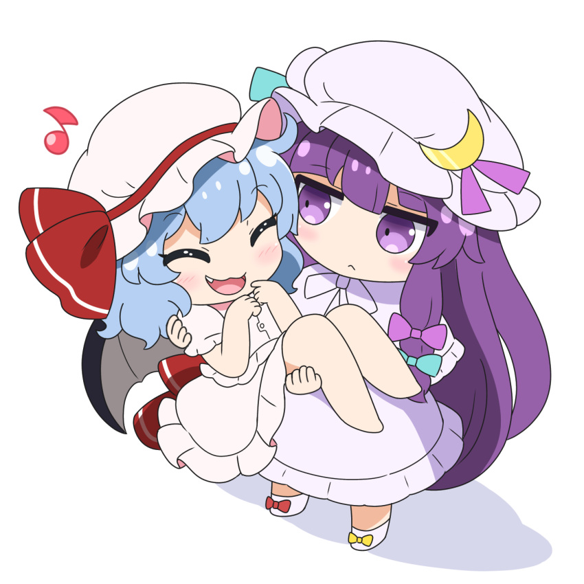 2girls :&lt; barefoot bat_wings blue_bow blue_hair blue_ribbon blunt_bangs blush bow carrying chibi closed_eyes closed_mouth commentary_request commission crescent crescent_hat_ornament dress dress_ribbon fang footwear_bow frown full_body hair_bow hair_ribbon hat hat_ornament highres lavender_dress light_blue_hair long_hair mob_cap multiple_girls musical_note open_mouth patchouli_knowledge pink_bow pink_dress pink_ribbon pixiv_commission princess_carry purple_hair red_bow red_ribbon remilia_scarlet ribbon rizleting shadow short_hair simple_background smile touhou very_long_hair violet_eyes white_background wings yellow_bow