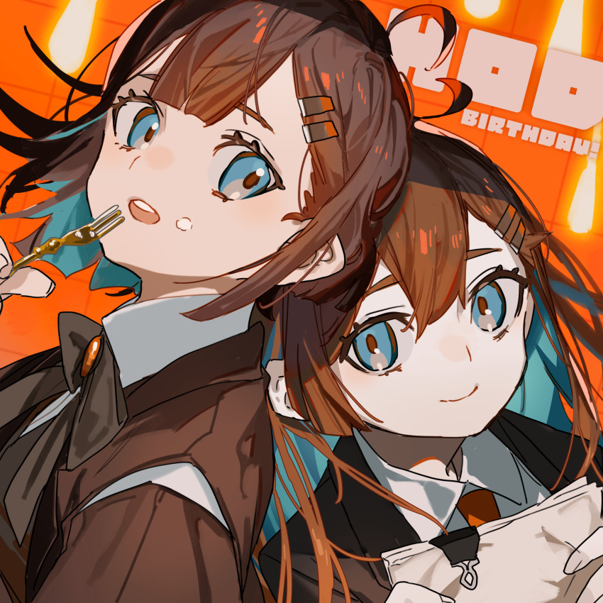 2girls ahoge black_jacket blue_eyes blue_hair bow bowtie brown_bow brown_bowtie brown_coat character_name coat collared_shirt colored_inner_hair hair_ornament hairclip hamelon310 happy_birthday highres hod_(project_moon) jacket library_of_ruina lobotomy_corporation long_hair long_sleeves medium_hair multicolored_hair multiple_girls necktie open_mouth orange_hair orange_necktie project_moon shirt simple_background very_long_hair white_shirt wing_collar