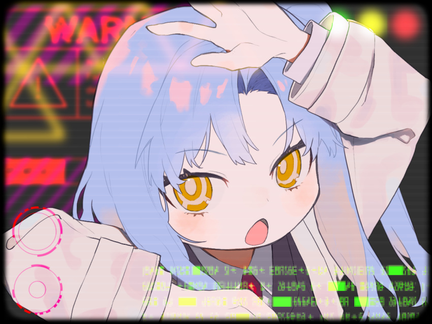 angela_(project_moon) arms_up black_jacket blue_hair coat collared_shirt hamelon310 internet_overdose jacket lab_coat lobotomy_corporation long_hair long_sleeves looking_at_viewer necktie open_mouth parted_bangs project_moon red_necktie shirt upper_body very_long_hair white_coat white_shirt yellow_eyes