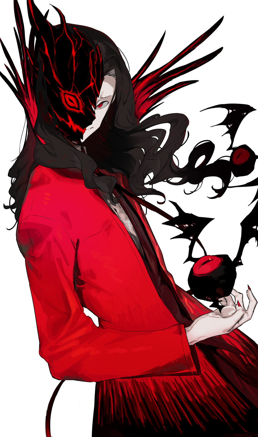1girl absurdres bat_(animal) brown_hair coat elena_(project_moon) eyeball from_side hamelon310 highres library_of_ruina long_hair long_sleeves looking_at_viewer mask_over_one_eye nosferatu_(project_moon) project_moon red_coat red_eyes red_nails simple_background solo upper_body white_background