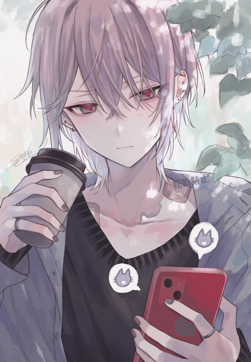 1boy black_shirt brown_eyes brown_nails closed_mouth coat coffee_cup cup disposable_cup ear_piercing earrings expressionless facing_viewer grey_coat highres holding holding_cup holding_phone industrial_piercing jewelry looking_down male_focus multicolored_hair multiple_earrings muon original phone piercing pink_hair red_eyes shirt short_hair spoken_expression