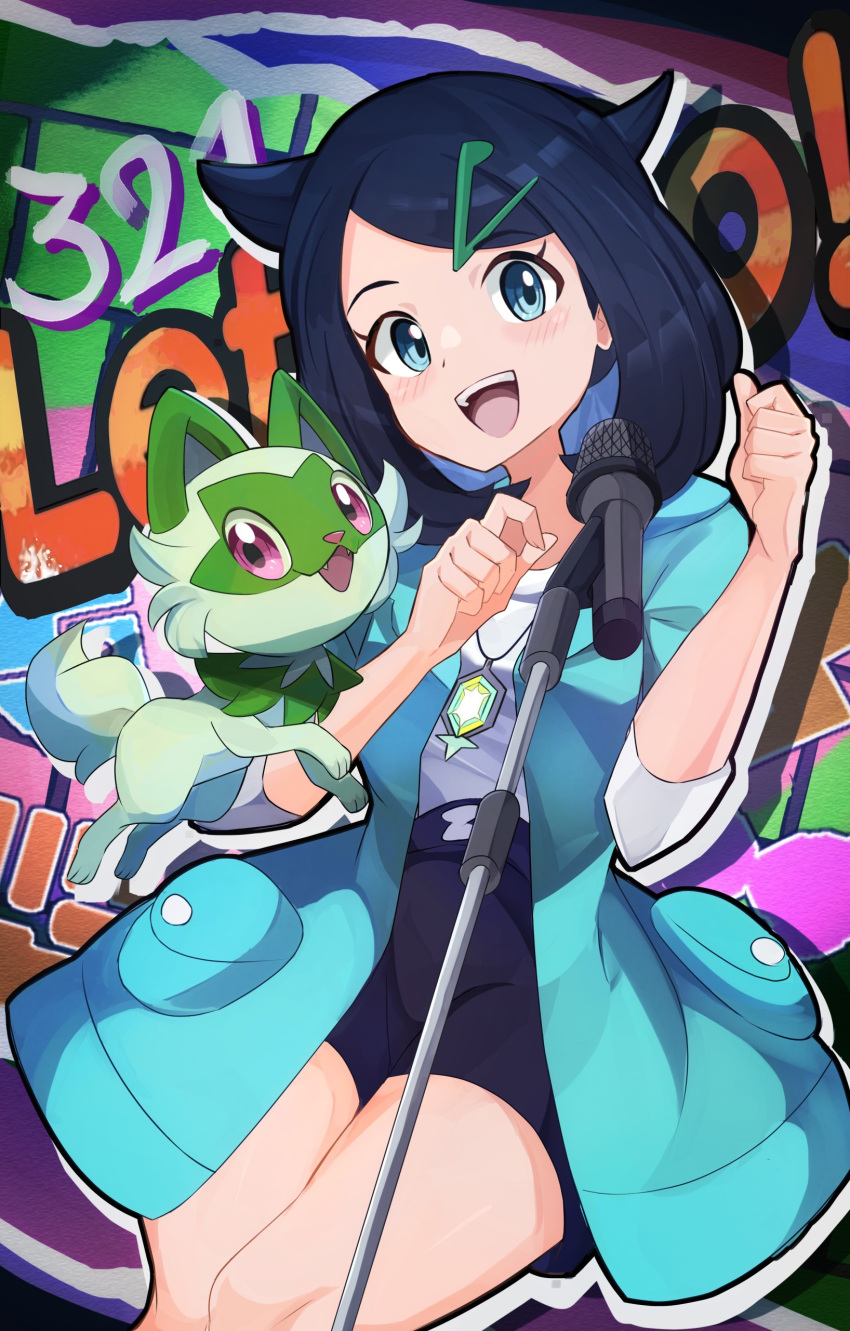 1girl :d absurdres black_hair black_shorts blush clenched_hands coat commentary_request cowlick eyelashes green_coat green_eyes hair_ornament hairclip highres jewelry knees liko_(pokemon) microphone microphone_stand necklace open_clothes open_coat open_mouth pokemon pokemon_(anime) pokemon_(creature) pokemon_horizons shirt shorts smile sprigatito teeth tongue umiru upper_teeth_only white_shirt