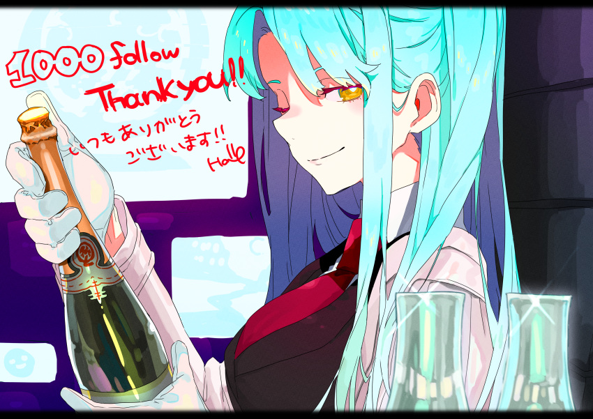 1girl absurdres angela_(project_moon) black_jacket blue_hair champagne_bottle champagne_flute closed_mouth coat collared_shirt cup drinking_glass gloves hamelon310 highres jacket lab_coat lobotomy_corporation long_hair looking_at_viewer milestone_celebration necktie one_eye_closed one_side_up project_moon red_necktie shirt sidelocks smile solo thank_you very_long_hair white_coat white_gloves yellow_eyes