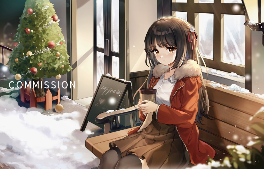 1girl absurdres bench black_hair black_thighhighs blurry blush braid breasts brown_skirt cafe cafe_stella_to_shinigami_no_chou christmas christmas_tree closed_mouth coat coffee collared_shirt commentary_request commission commission_watermark cup depth_of_field dress_shirt expressionless eyelashes eyes_visible_through_hair flower foreshortening fur-trimmed_coat fur_trim guzangnanfeng hair_between_eyes hair_flower hair_ornament hair_ribbon heart high-waist_skirt highres holding holding_cup long_hair long_sleeves looking_at_viewer medium_breasts night official_alternate_costume open_clothes open_coat outdoors pleated_skirt red_coat red_ribbon ribbon rose shiki_natsume shirt side_braid sitting sitting_on_bench skirt snow snowing solo straight_hair thigh-highs very_long_hair white_flower white_rose white_shirt yellow_eyes zettai_ryouiki