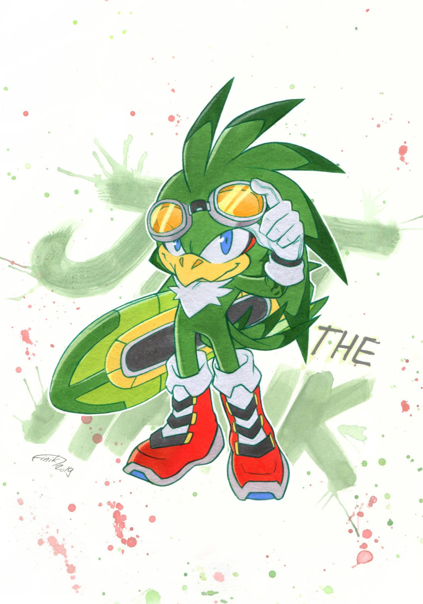 1boy artist_name blue_eyes character_name dated finik gloves goggles goggles_on_head highres hover_board jet_the_hawk looking_at_viewer shoes signature solo sonic_(series) sonic_riders watermark white_gloves