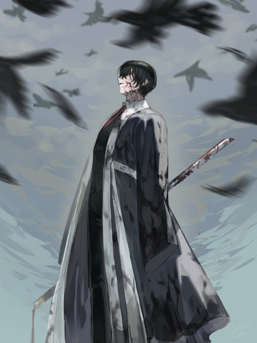 1boy bird black_coat black_hair black_pants blood blood_on_clothes blood_on_face blood_on_weapon coat collared_shirt crow dried_blood flock highres holding holding_sword holding_weapon katana limbus_company looking_up necktie pants parted_lips project_moon red_necktie satome_setsuko shirt smile solo sword weapon white_shirt yi-sang_(limbus_company)