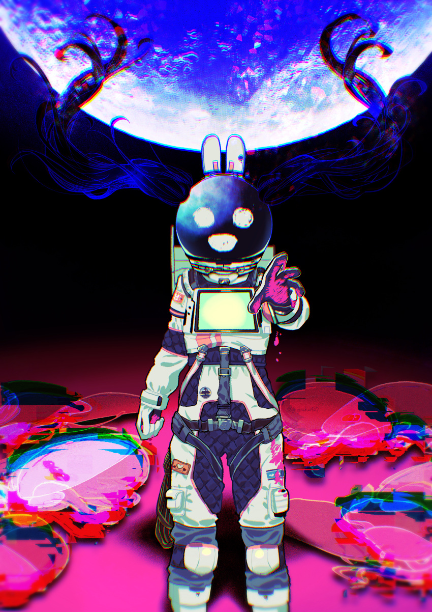 1girl @_@ absurdres animal_ears astronaut black_hair blood blood_on_clothes blood_on_hands chromatic_aberration fake_animal_ears feet_out_of_frame floating_hair glitch hand_up harness helmet highres horror_(theme) long_hair looking_at_viewer mechanical_ears moon nijisanji official_alternate_costume pink_blood rabbit_ears reaching reaching_towards_viewer screen smile solo space space_helmet spacesuit tsukino_mito tsukino_mito_(16th_costume) twintails twitter_username very_long_hair virtual_youtuber yuugu_(yuguchu427)
