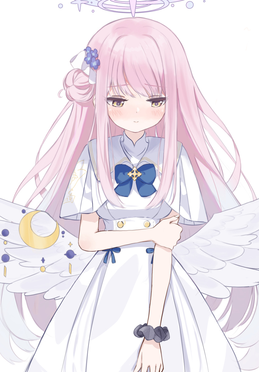 1girl angel_wings black_footwear blue_archive blue_bow blue_bowtie blush bow bowtie capelet cram960 dress frilled_dress frills hair_bun hair_ornament hair_scrunchie halo highres long_hair looking_at_viewer low_wings mika_(blue_archive) pantyhose pink_hair scrunchie simple_background single_hair_bun smile solo white_capelet white_dress white_pantyhose white_scrunchie white_wings wing_ornament wings wrist_scrunchie yellow_eyes