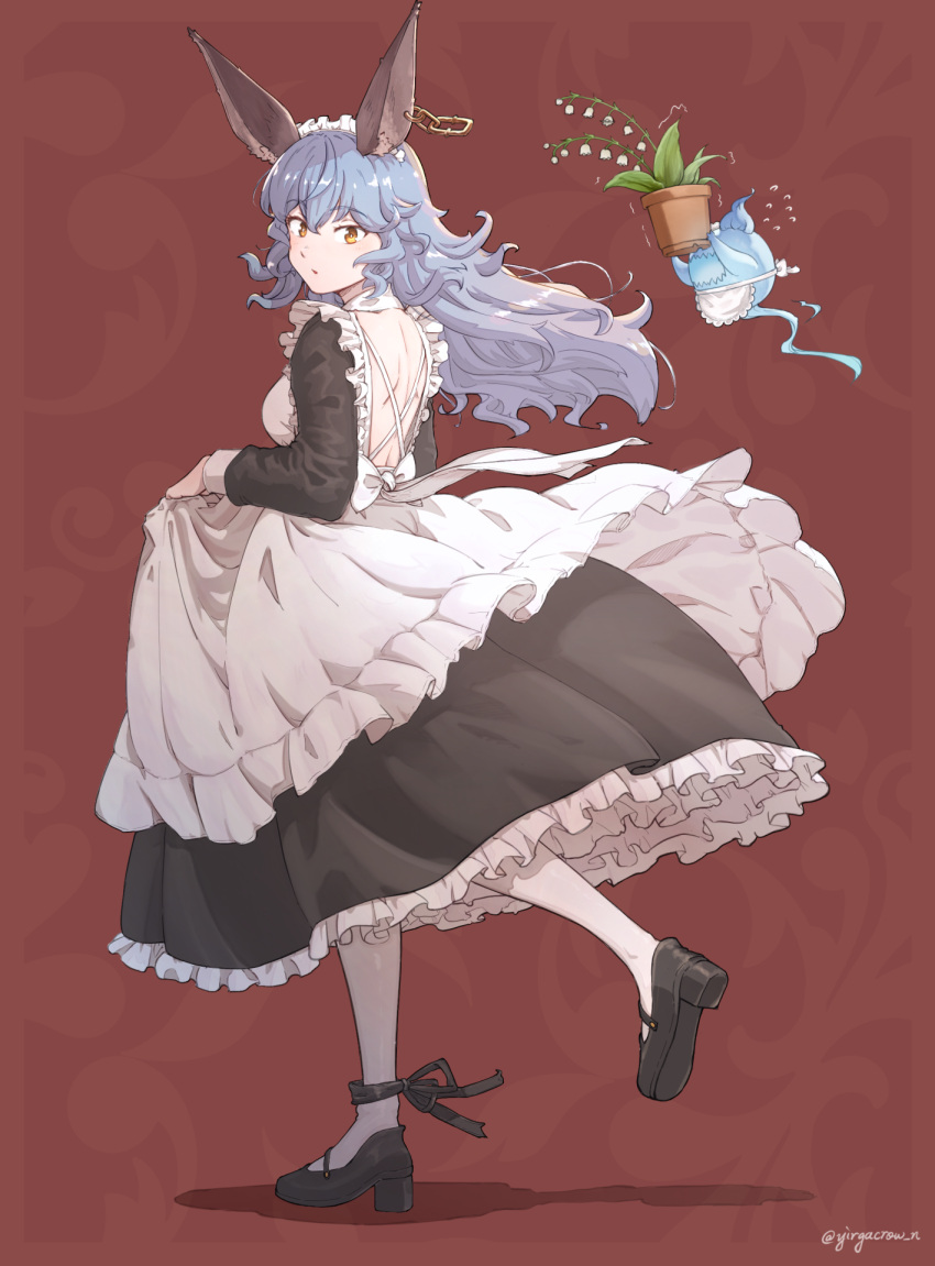 1girl alternate_costume animal_ears ankle_ribbon apron backless_dress backless_outfit black_dress black_footwear black_ribbon blue_hair bow brown_background commentary dress earrings enmaided erune ferry_(granblue_fantasy) floating_hair flower flying_sweatdrops frilled_dress frills granblue_fantasy highres holding holding_clothes holding_flower_pot hoop_earrings jewelry leg_ribbon lily_of_the_valley long_hair maid maid_apron maid_headdress nicola_(granblue_fantasy) pantyhose parted_lips ribbon standing standing_on_one_leg twitter_username walking wavy_hair white_bow white_pantyhose yirga
