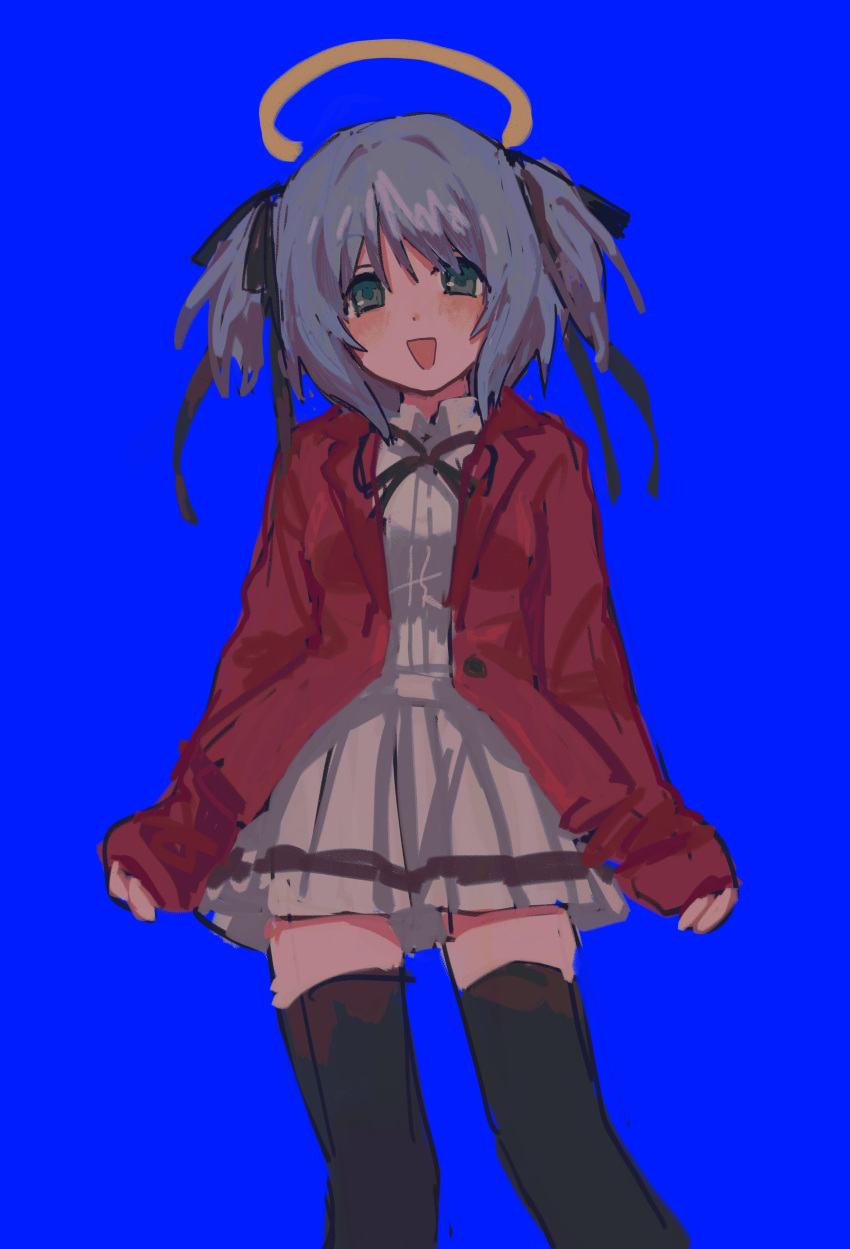 1girl absurdres arms_at_sides black_ribbon black_thighhighs blazer blue_background blue_hair blush bokusatsu_tenshi_dokuro-chan feet_out_of_frame grey_eyes hair_ribbon halo hasu_art highres jacket long_sleeves looking_at_viewer medium_hair mitsukai_dokuro neck_ribbon open_clothes open_jacket open_mouth pigeon-toed pleated_skirt red_jacket ribbon school_uniform shirt short_twintails skirt smile solo straight-on thigh-highs twintails white_shirt white_skirt zettai_ryouiki
