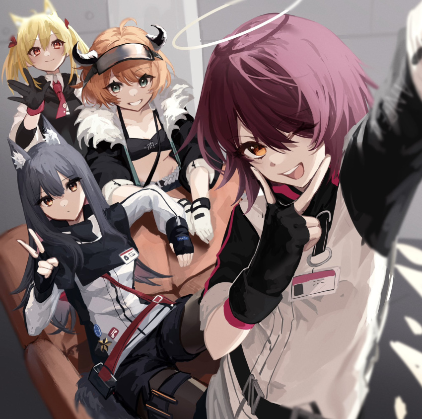 4girls ahoge animal_ear_fluff animal_ears arknights black_gloves black_hair black_jacket black_pantyhose black_shorts blonde_hair couch cow_girl cow_horns croissant_(arknights) detached_wings energy_wings exusiai_(arknights) fingerless_gloves fur-trimmed_jacket fur_trim gloves goma_74umai green_eyes hair_between_eyes hair_over_one_eye halo highres horns jacket long_hair long_sleeves looking_at_viewer midriff multiple_girls on_couch open_clothes open_jacket open_mouth orange_hair pantyhose penguin_logistics_(arknights) red_eyes redhead selfie shirt short_hair short_shorts shorts sitting smile sora_(arknights) tail texas_(arknights) twintails v_over_mouth visor_cap white_gloves white_jacket white_shirt wings wolf_ears wolf_girl wolf_tail