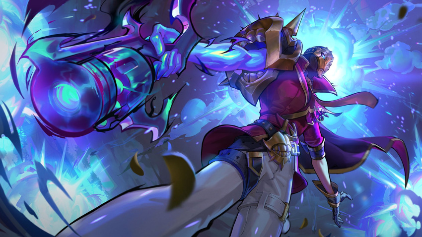 1boy belt black_belt explosion from_below glowing glowing_eyes gun highres holding holding_gun holding_weapon jacket jhin league_of_legends male_focus mask official_art pants red_jacket shoulder_spikes solo soul_fighter_jhin spikes weapon white_pants