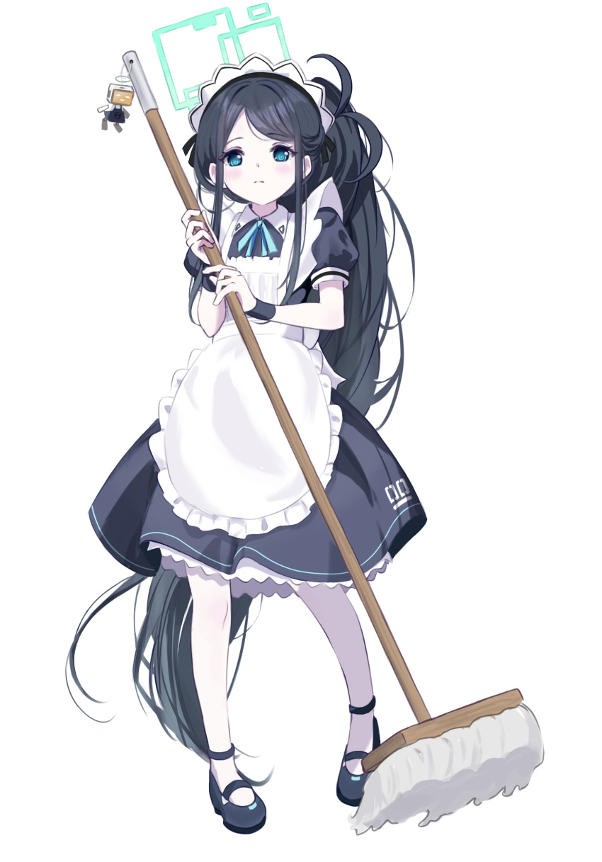 1girl alternate_costume apron aris_(blue_archive) aris_(maid)_(blue_archive) black_dress black_footwear black_hair blue_archive blue_eyes blush charm_(object) closed_mouth commentary cram960 dress enmaided full_body garter_straps halo highres holding holding_mop long_hair looking_at_viewer maid maid_apron maid_headdress mary_janes mop parted_bangs petticoat pigeon-toed ponytail puffy_short_sleeves puffy_sleeves ringed_eyes shoes short_sleeves sidelocks simple_background smile solo standing thigh-highs very_long_hair white_apron white_background white_thighhighs wrist_cuffs