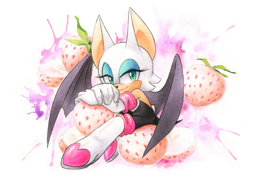 1girl bat_wings boots finik food fruit gloves green_eyes looking_at_viewer pineberry_(fruit) rouge_the_bat sitting solo sonic_(series) white_gloves wings