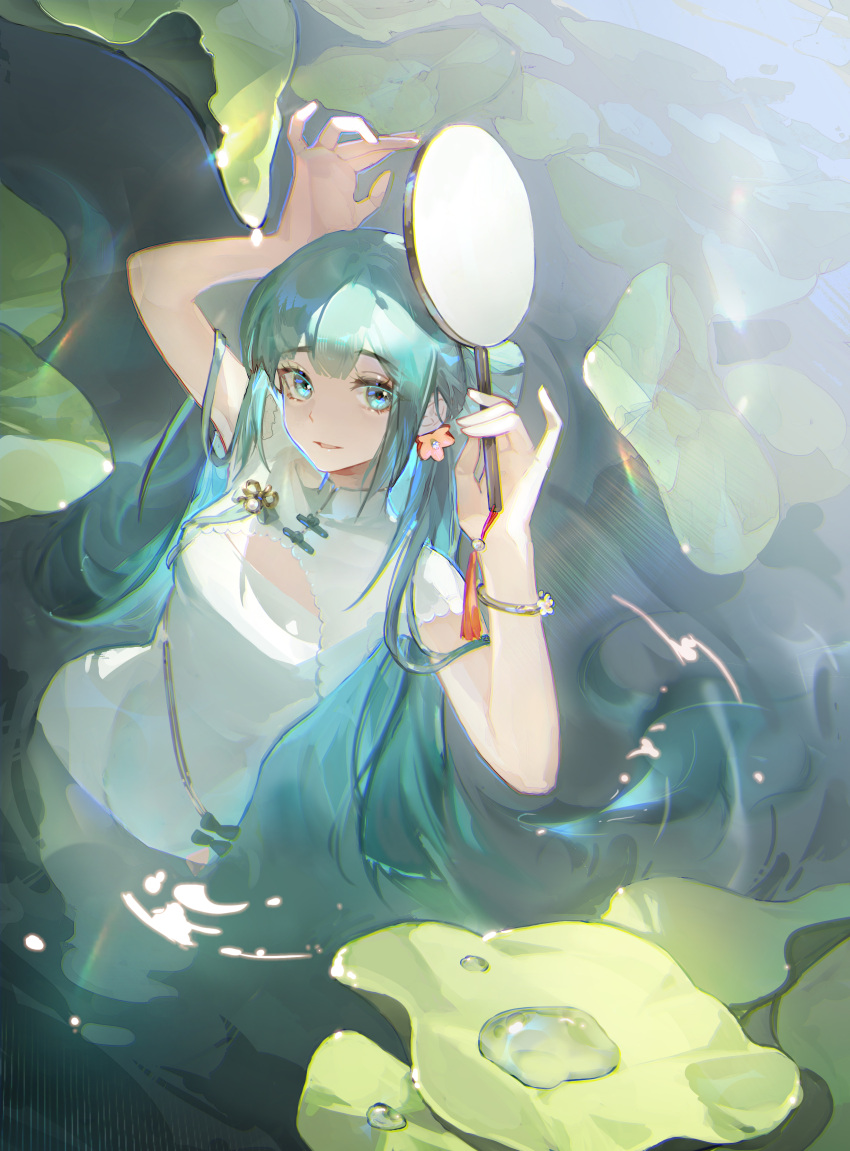 1girl absurdres aqua_eyes aqua_hair bracelet chinese_clothes chinese_commentary collar commentary_request cowboy_shot dress earrings flower_earrings hand_fan hands_up hatsune_miku highres holding holding_fan jewelry lily_pad long_hair looking_at_viewer off-shoulder_dress off_shoulder parted_lips ripples shaohua_hatsune_miku sleeveless sleeveless_dress solo tassel tuanshan twintails very_long_hair vocaloid wading water white_collar white_dress yijiemofang