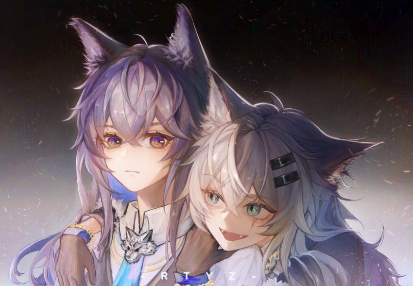 2girls :d animal_ear_fluff animal_ears arknights artist_name black_gloves black_vest blue_hair blue_necktie closed_mouth collared_shirt fangs gloves green_eyes grey_hair hair_between_eyes hair_ornament hairclip highres hug hug_from_behind lappland_(arknights) long_hair looking_at_another looking_at_viewer multiple_girls necktie open_mouth orange_eyes rtyz scar scar_across_eye shirt smile texas_(arknights) vest white_shirt wolf_ears wolf_girl