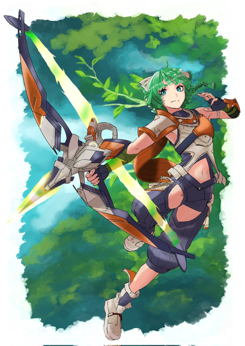 1other animal_ears armor blue_eyes boots border bow_(weapon) braid branch breastplate cat_ears clothing_cutout crotchless crotchless_pants energy_weapon frown green_hair highres juniper_(xenoblade) karian909 leg_up navel outstretched_arm pants pauldrons short_hair short_shorts shorts shoulder_armor side_braid single_pauldron solo stomach_cutout tree weapon white_border xenoblade_chronicles_(series) xenoblade_chronicles_3