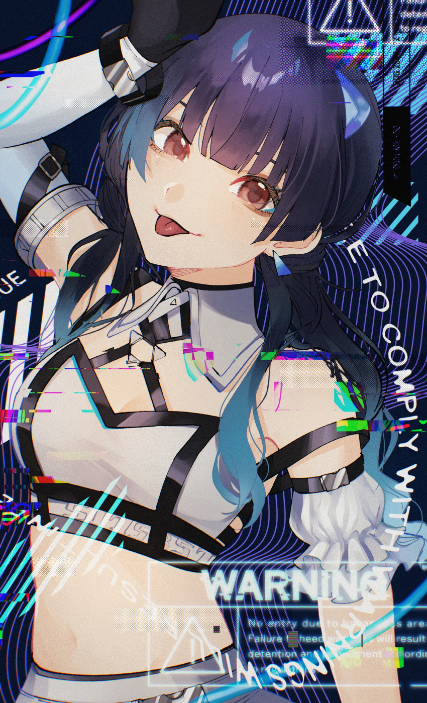 1girl absurdres bare_shoulders bishi_a_(b_a1210) black_hair blunt_bangs brown_eyes commentary detached_collar earrings elbow_gloves glitch gloves highres idolmaster idolmaster_shiny_colors jewelry long_hair looking_at_viewer mayuzumi_fuyuko midriff navel single_elbow_glove solo tongue tongue_out