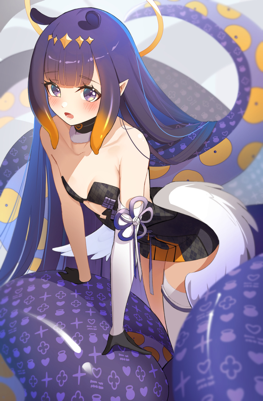 1girl absurdres bare_shoulders blonde_hair blunt_bangs blush breasts cellphone collarbone detached_sleeves diamond_hairband dress fur-trimmed_choker fur-trimmed_collar gloves gradient_hair halo highres hololive hololive_english long_hair looking_at_viewer low_wings multicolored_hair ninomae_ina'nis ninomae_ina'nis_(1st_costume) orange_hair phone pointy_ears purple_hair remirii single_detached_sleeve single_sleeve single_thighhigh smartphone solo strapless strapless_dress tentacle_hair tentacles thigh-highs thigh_strap tube_dress two-tone_hair very_long_hair violet_eyes virtual_youtuber wings