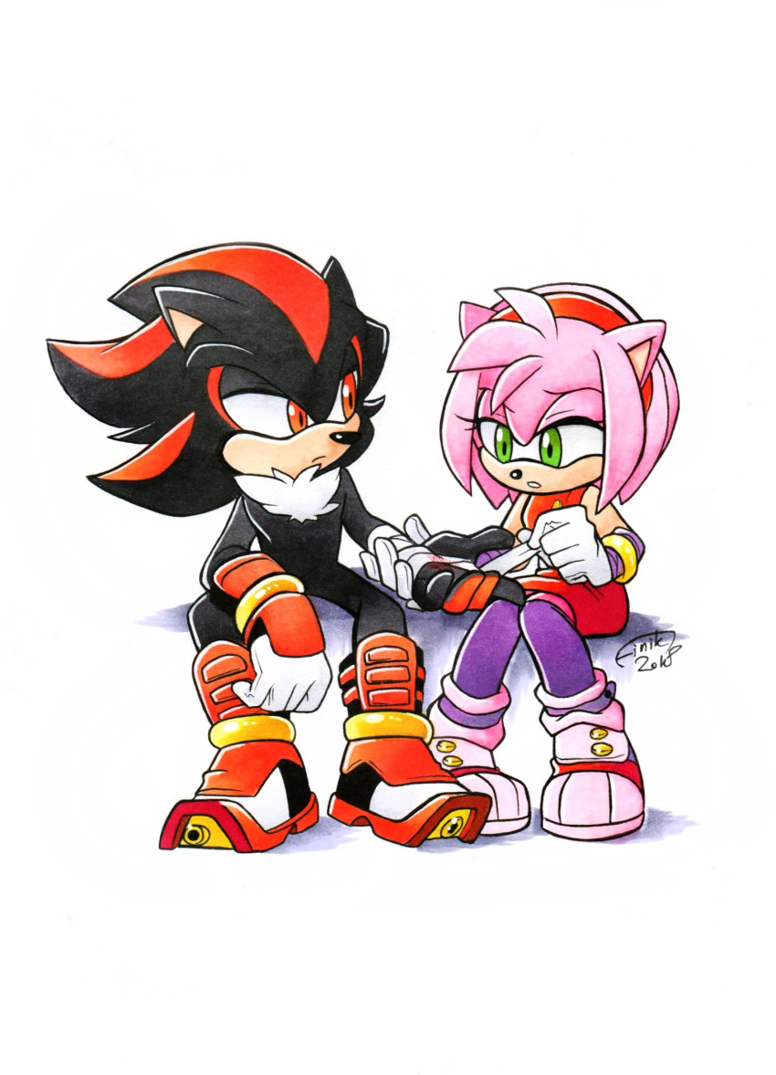 1boy amy_rose applying_bandages artist_name bandaged_hand bandages dated dress finik gloves green_eyes highres pantyhose purple_pantyhose red_dress red_eyes shadow shadow_the_hedgehog shoes signature simple_background sitting sonic_(series) watermark white_background white_gloves