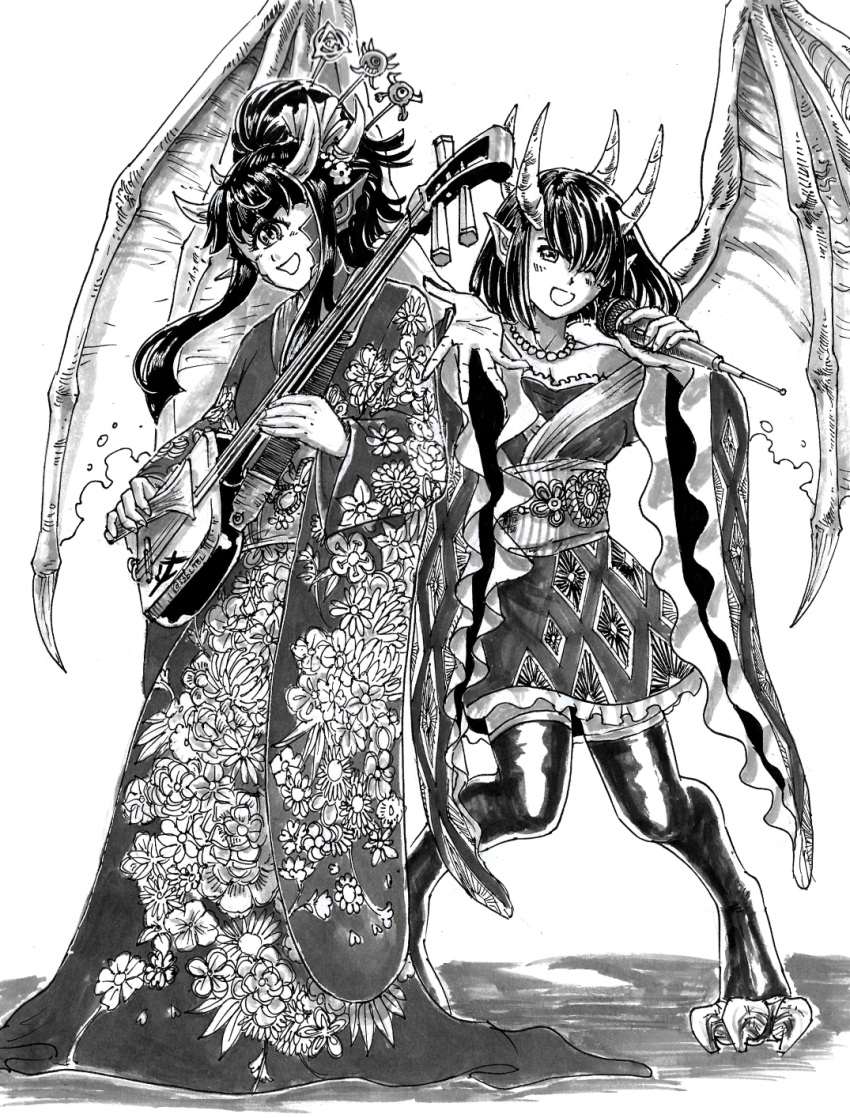 2girls bachi blood_(game) cacodemon claws crossover cyclops demon_girl demon_horns doom_(series) floral_print flower full_body greyscale hair_ornament highres holding holding_microphone horns instrument japanese_clothes kimono long_hair long_sleeves looking_at_viewer medium_hair microphone monochrome monster_girl multiple_girls multiple_horns music obi one-eyed playing_instrument plectrum pointy_ears sash shamisen singing smile stone_gargoyle_(blood) substance20 thigh-highs white_background wide_sleeves wings