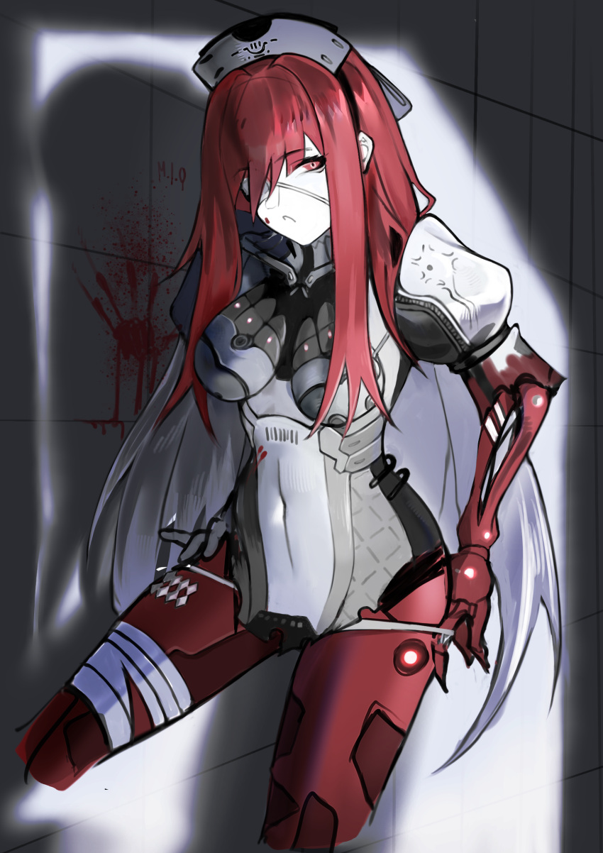 1girl absurdres amputee blood blood_on_face blood_on_wall eyepatch hair_between_eyes highres long_hair mechanical_arms mechanical_legs medical_eyepatch one_eye_covered punishing:_gray_raven red_eyes sidelocks vera_(punishing:_gray_raven)