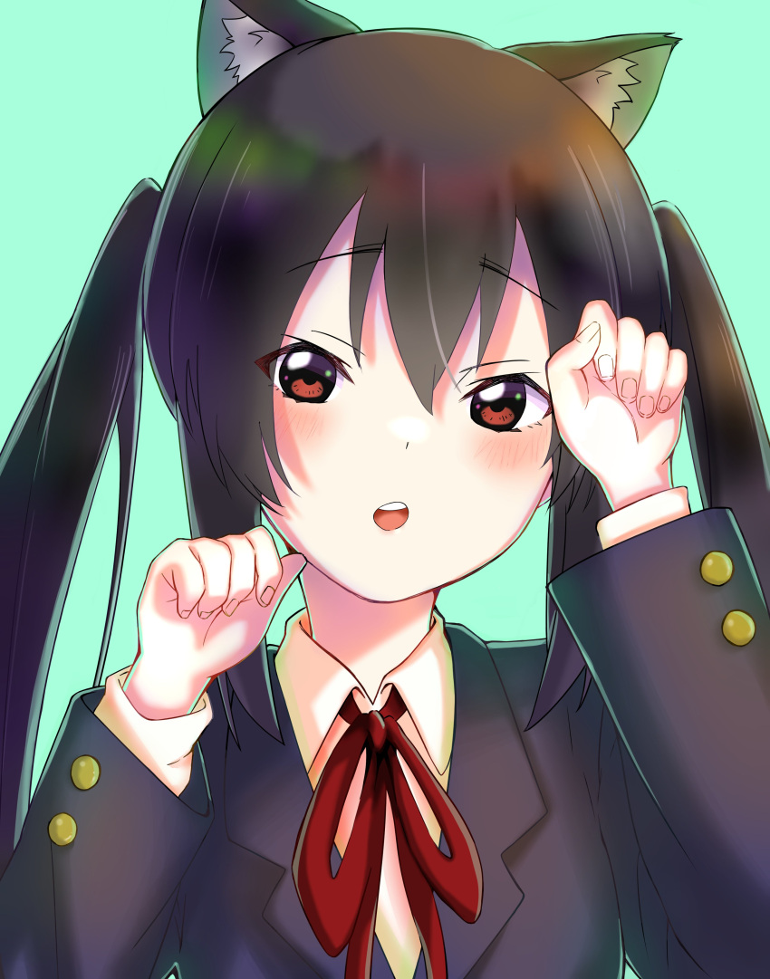 1girl 46_crt absurdres animal_ears black_hair black_jacket blazer blush brown_eyes cat_day cat_ears collared_shirt commentary_request green_background hair_between_eyes highres jacket k-on! long_hair looking_at_viewer nakano_azusa neck_ribbon parted_lips paw_pose portrait red_ribbon ribbon sakuragaoka_high_school_uniform school_uniform shirt sidelocks simple_background solo teeth twintails upper_teeth_only white_shirt