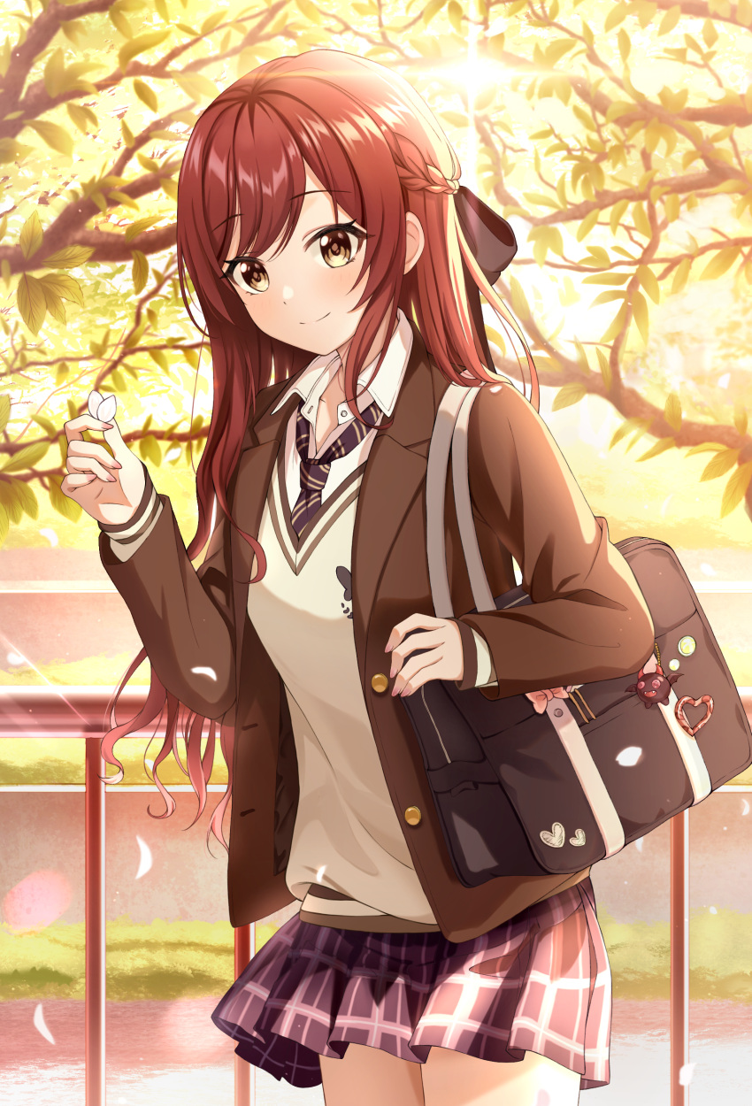 1girl absurdres blazer brown_hair brown_jacket commentary_request day diagonal-striped_necktie highres idolmaster idolmaster_shiny_colors jacket long_hair long_sleeves looking_at_viewer loose_necktie miniskirt necktie osaki_amana outdoors petals plaid plaid_skirt pleated_skirt school_uniform skirt solo sorugi_park sweater v-neck yellow_eyes