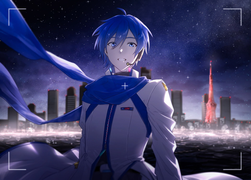 1boy blue_eyes blue_hair blue_scarf building commentary_request headset high_collar highres kaito_(vocaloid) long_sleeves looking_at_viewer male_focus outdoors parang_99 scarf short_hair solo teeth upper_body viewfinder vocaloid