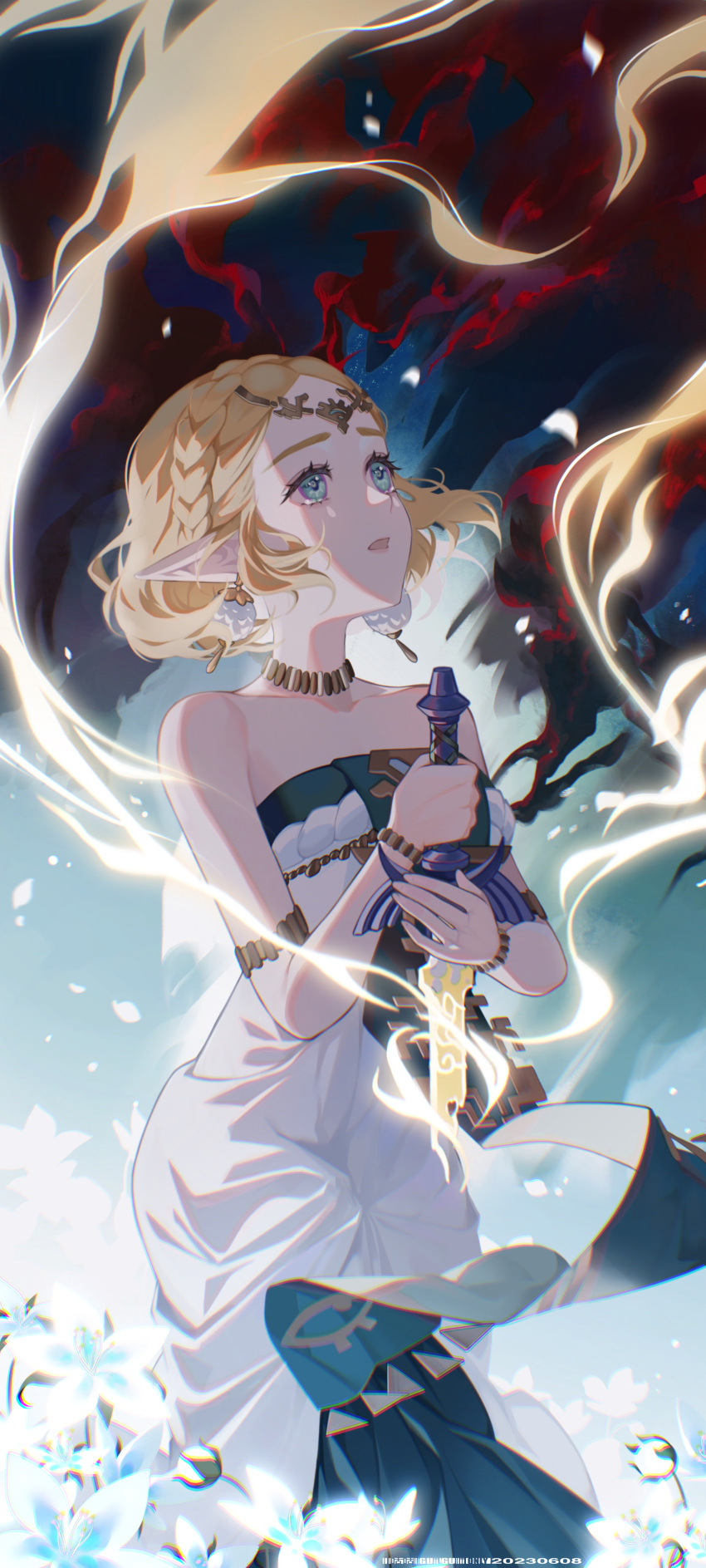 1girl absurdres blonde_hair blue_eyes braid broken broken_sword broken_weapon collarbone commentary_request cowboy_shot dated dress earrings flower glowing hands_up highres holding holding_sword holding_weapon jewelry lips looking_up malice_(zelda) master_sword necklace off-shoulder_dress off_shoulder parted_lips petals pointy_ears princess_zelda short_hair silent_princess sleeveless sleeveless_dress solo sword the_legend_of_zelda the_legend_of_zelda:_tears_of_the_kingdom tiara weapon white_dress white_flower xianyu_guguzi