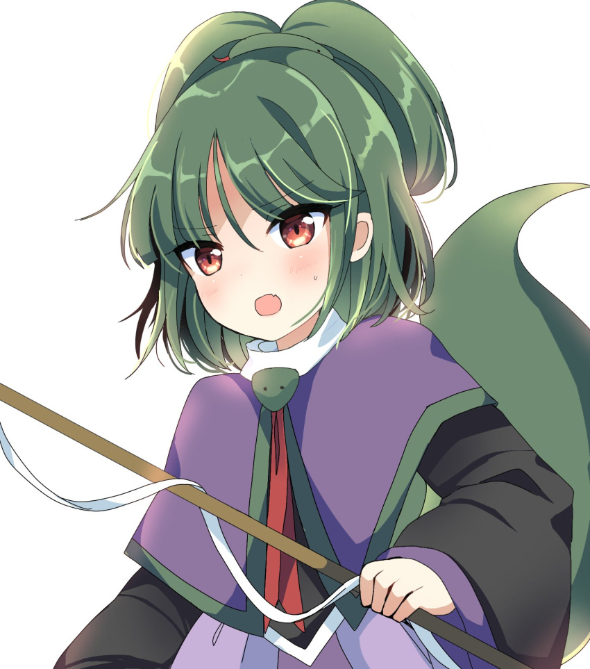 1other adagumo_no_saragimaru androgynous black_sleeves blunt_bangs blush capelet collar collared_capelet commentary_request fang green_hair green_trim hair_ornament highres holding holding_polearm holding_weapon japanese_clothes len'en long_sleeves open_mouth ougi_hina polearm purple_capelet purple_trim short_hair short_ponytail snake_hair_ornament snake_tail sweatdrop tail upper_body v-shaped_eyebrows weapon white_background white_collar wide_sleeves