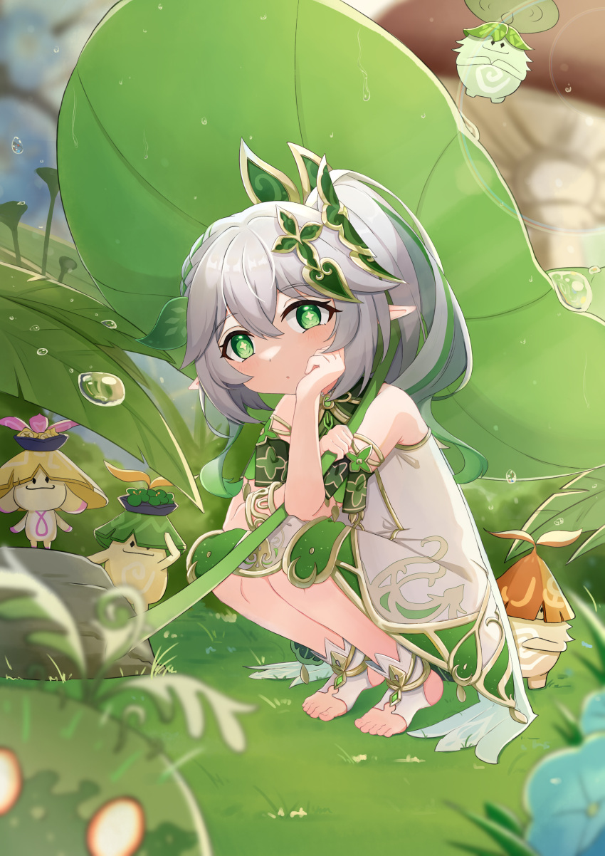 1girl 5others absurdres bracelet dress expressionless feet flower genshin_impact giant_leaf gradient_hair green_eyes green_hair grey_hair hair_ornament hand_on_own_face head_rest highres holding holding_leaf jewelry leaf leaf_umbrella long_hair multicolored_hair multiple_others nahida_(genshin_impact) no_shoes outdoors pointy_ears short_dress side_ponytail sleeveless sleeveless_dress socks squatting toeless_footwear toes two-tone_hair ukai_(user_rvvf3458) water white_dress white_socks