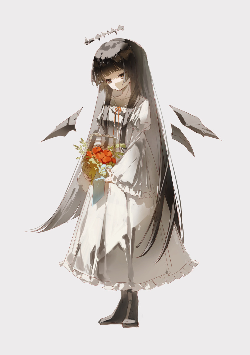 1girl absurdres aged_down apple arknights arturia_(arknights) baicha735 basket black_eyes black_footwear black_hair black_wings blunt_bangs boots closed_mouth collarbone commentary dark_halo detached_wings dress food frilled_sleeves frills fruit full_body grey_background halo highres holding holding_basket long_hair long_sleeves neck_ribbon red_pupils red_ribbon ribbon sidelocks solo symbol-only_commentary very_long_hair white_dress wide_sleeves wings
