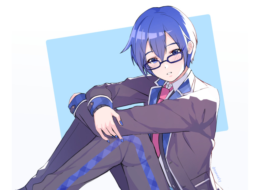 1boy artist_name black-framed_eyewear blazer blue_eyes blue_hair blue_nails blush collared_shirt commentary dreamxiety english_commentary fingernails glasses highres jacket kaito_(vocaloid) knees_up lapels leo/need_(project_sekai) leo/need_kaito long_sleeves looking_at_viewer male_focus necktie notched_lapels parted_lips project_sekai red_necktie school_uniform shirt short_hair sitting solo two-tone_background vocaloid white_shirt