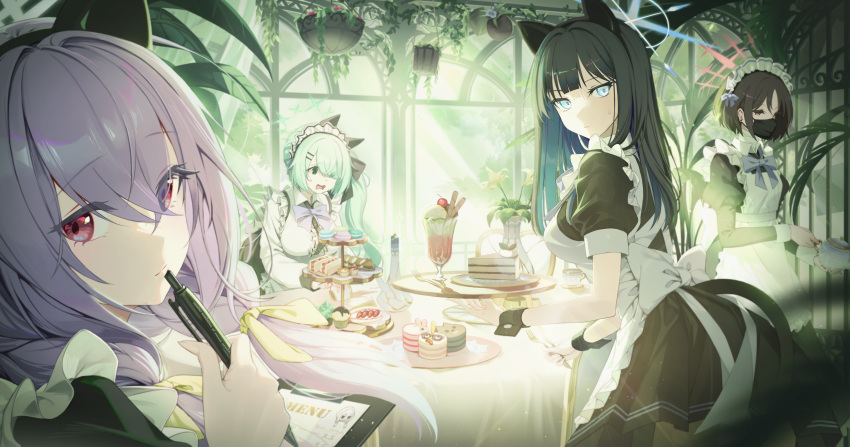 4girls absurdres alternate_costume animal_ears apron arius_squad_(blue_archive) atsuko's_grin_(meme) atsuko_(blue_archive) black_bow black_dress black_hair blue_archive blue_eyes blue_hair bow breasts cake cat_ears cat_tail center_frills chair clipboard colored_inner_hair cup dress enmaided fake_animal_ears fake_tail food frilled_apron frills green_eyes greenhouse hair_bow hair_ornament hair_over_one_eye hair_ribbon hairclip halo highres hiyori_(blue_archive) holding holding_clipboard holding_teapot indoors juliet_sleeves large_breasts light_green_hair light_purple_hair long_hair long_sleeves looking_at_viewer macaron maid maid_apron maid_headdress meme misaki_(blue_archive) multicolored_hair multiple_girls neck_ribbon open_mouth parfait pen penguin_say puffy_sleeves purple_ribbon red_eyes ribbon sandwich saori_(blue_archive) saucer short_hair side_ponytail sweatdrop swept_bangs table tail tart_(food) teacup teapot tiered_tray two-tone_hair vase wavy_mouth white_apron window yellow_ribbon