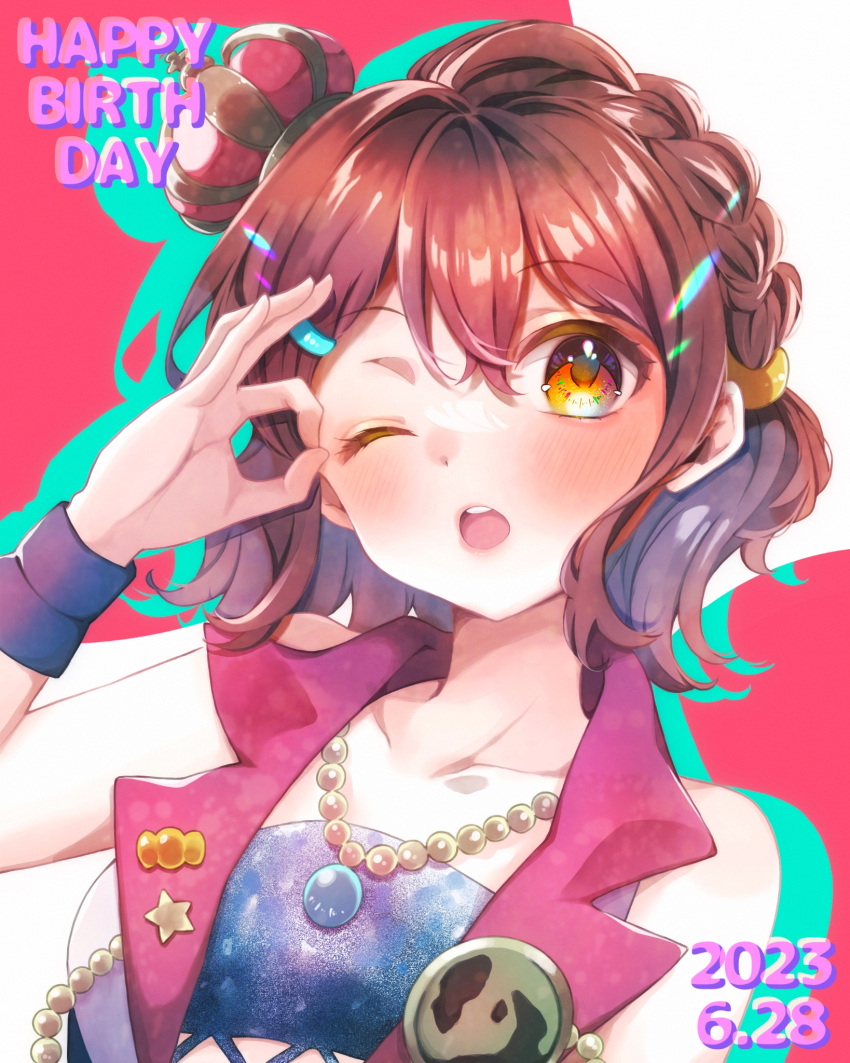 1girl birthday blush braid brown_hair commentary_request crown hair_between_eyes hair_ornament hairclip highres idolmaster idolmaster_million_live! idolmaster_million_live!_theater_days jewelry kasuga_mirai kori_(spinsongs) looking_at_viewer mini_crown necklace ok_sign one_eye_closed open_mouth sleeveless solo upper_body yellow_eyes