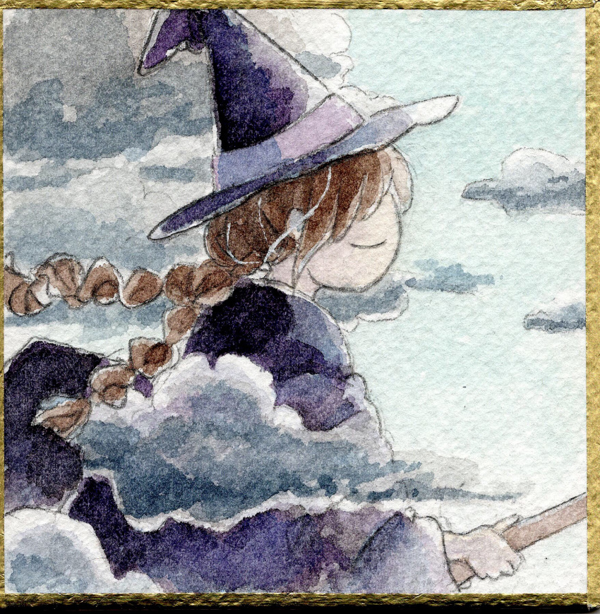 1girl blue_sky braid broom broom_riding brown_hair closed_eyes clouds commentary_request day floating_hair from_side hat highres holding holding_broom koto_(patina375887) long_hair madotsuki midair no_mouth outdoors painting_(medium) photo-referenced purple_headwear purple_robe robe shikishi sky solo traditional_media twin_braids watercolor_(medium) witch witch_hat yume_nikki