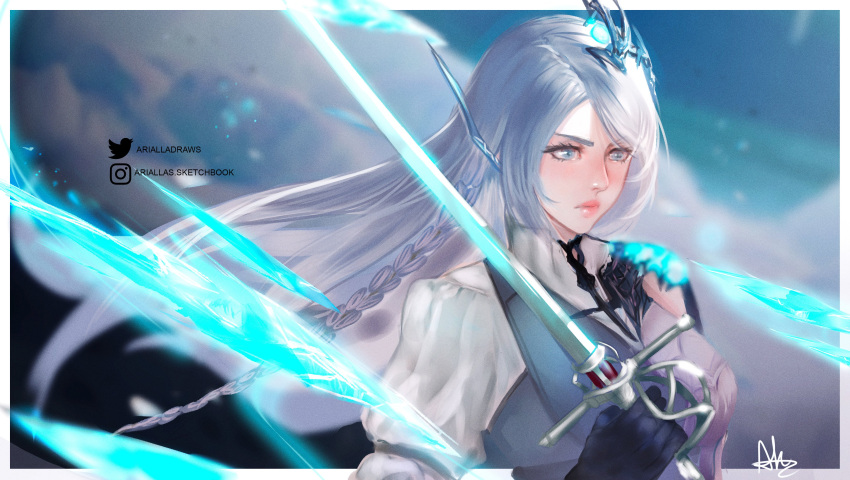 1girl absurdres arialla_draws blue_eyes blue_gloves blue_vest braid braided_sidelock dress final_fantasy final_fantasy_xvi gloves grey_hair hair_over_shoulder highres holding holding_sword holding_weapon ice ice_crystal ice_shard jill_warrick long_braid long_hair looking_to_the_side rapier shirt side_braid single_braid solo standing sword upper_body vest weapon white_dress white_shirt
