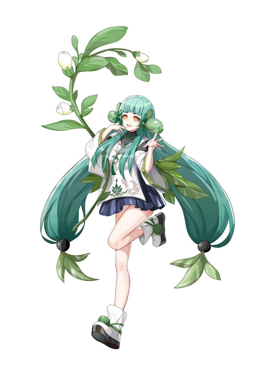 1girl absurdres ankle_boots bare_legs black_skirt blunt_bangs boots chinese_commentary commentary flower flower_necklace foot_up full_body green_hair hair_ornament hakushi_(masterwork_apocalypse) hands_up highres holding holding_plant japanese_clothes kimono leaf leaf_hair_ornament long_hair long_sleeves looking_at_viewer masterwork_apocalypse mniaor open_mouth orange_eyes plant pleated_skirt sidelocks simple_background skirt smile solo tassel teeth upper_teeth_only very_long_hair white_background white_flower white_footwear white_kimono wide_sleeves