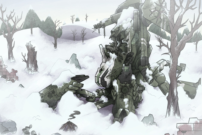 bare_tree brick_wall broken campfire can canned_food codename:_bakery_girl commentary day destroyed english_commentary girls_frontline highres hydra_(girls'_frontline) kcco_(girls'_frontline) mecha mecha_focus mechanical_parts no_humans open_can outdoors reverse_collapse_(series) robot rock scorch_mark smoke snow tide115 tree weapon wire