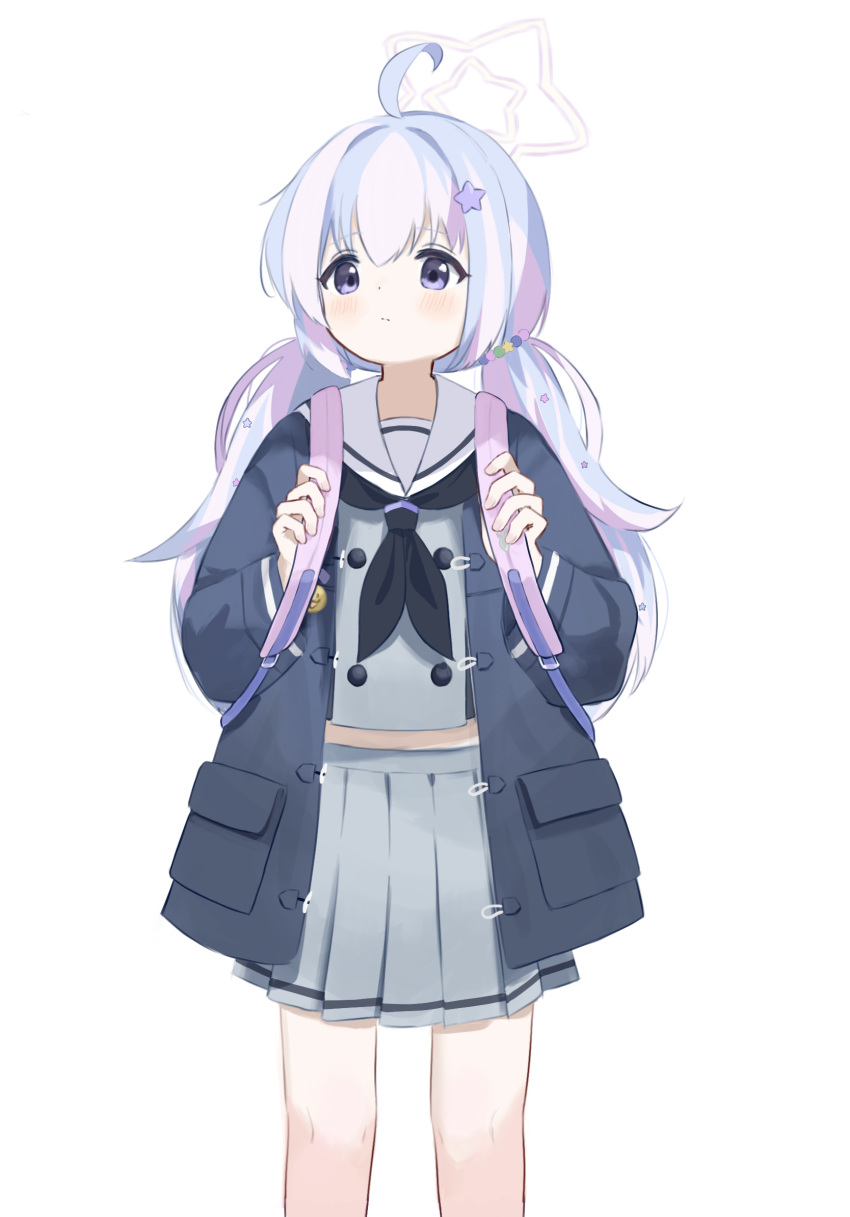 1girl :d ahoge backpack bag bag_charm beads black_coat blue_archive blue_hair charm_(object) coat commentary_request cram960 full_body grey_skirt hair_beads hair_between_eyes hair_bobbles hair_ornament hair_scrunchie halo highres kneehighs light_blue_hair long_hair long_sleeves looking_at_viewer low_twintails midriff midriff_peek multicolored_hair navel open_clothes open_coat pink_hair pleated_skirt purple_hair reisa_(blue_archive) school_uniform scrunchie serafuku shoes sidelocks simple_background skirt smile sneakers socks solo star_(symbol) star_hair_ornament streaked_hair symbol-shaped_pupils twintails two-tone_hair v-shaped_eyebrows violet_eyes white_background