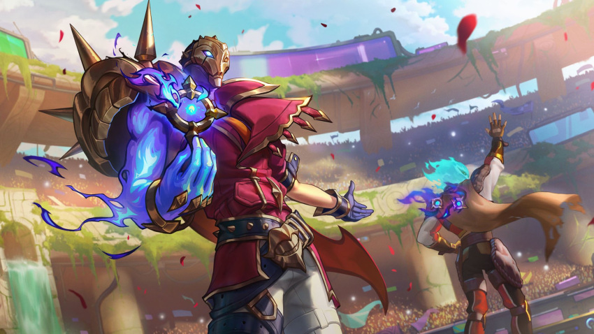 2boys arm_up belt black_gloves black_pants blue_skin brown_cape brown_gloves cape colored_skin confetti fiery_hair fingerless_gloves gloves glowing glowing_eyes highres jacket jhin league_of_legends magic mask multiple_boys official_art pants red_jacket short_sleeves shoulder_spikes single_shoulder_pad solo_focus soul_fighter_jhin spikes stadium standing torn_cape torn_clothes white_pants