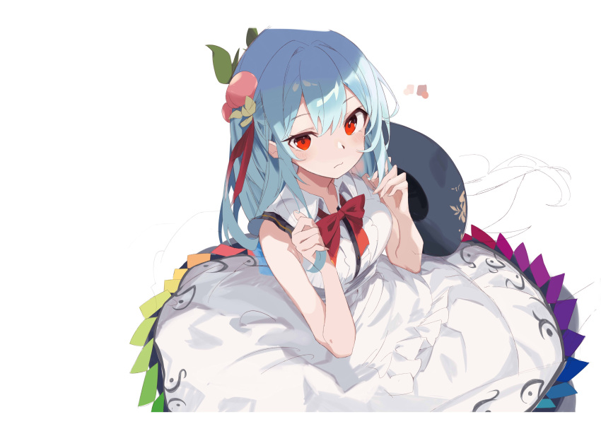 1girl absurdres adapted_costume black_headwear blue_hair blush closed_mouth collared_dress dress hair_between_eyes hat hat_removed headwear_removed highres hinanawi_tenshi long_hair red_eyes simple_background sleeveless sleeveless_dress solo tetsurou_(fe+) touhou unfinished white_background white_dress