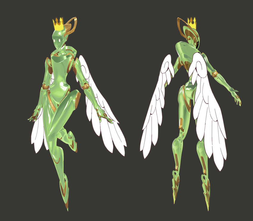 1girl a-pose bird colored_skin concept_art crow echo_(overwatch) english_commentary green_skin highres humanoid_robot kejun66 leg_lift monster_girl no_mouth official_alternate_costume official_art open_hands overwatch overwatch_2 queen robot second-party_source simple_background slime_girl solo white_eyes white_wings wings
