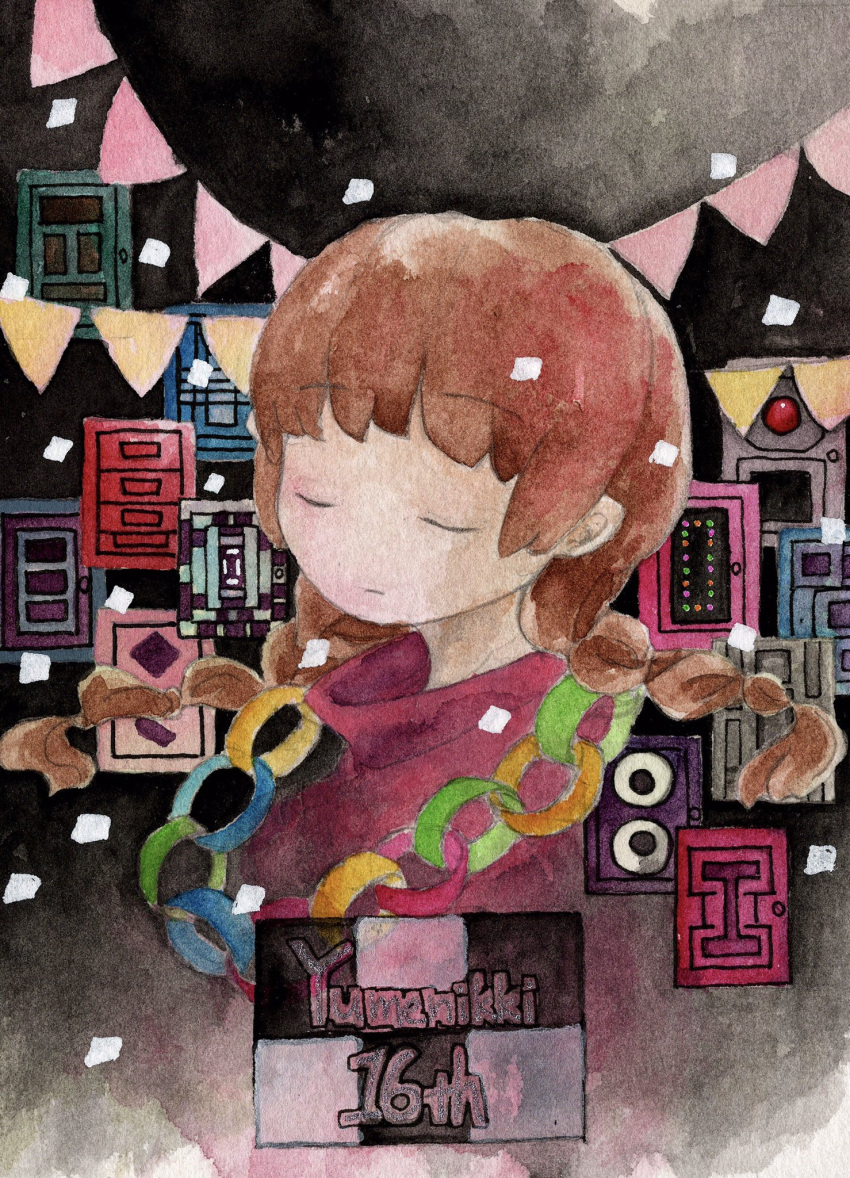 1girl abstract_background anniversary black_background braid brown_hair chain_necklace closed_eyes closed_mouth commentary_request copyright_name cropped_shoulders door expressionless facing_viewer floating_hair gradient_background highres jewelry koto_(patina375887) long_hair madotsuki necklace painting_(medium) paper_chain pink_sweater raised_eyebrows solo string_of_flags sweater traditional_media turtleneck turtleneck_sweater twin_braids watercolor_(medium) white_background yume_nikki