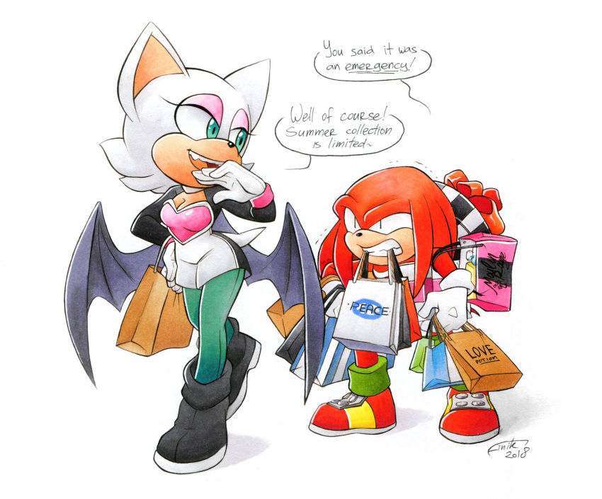 1boy 1girl alternate_costume artist_name bag bat_wings black_footwear boots dated english_text finik gloves highres knuckles_the_echidna open_mouth rouge_the_bat shoes shopping_bag signature sonic_(series) speech_bubble teeth watermark white_background white_gloves wings