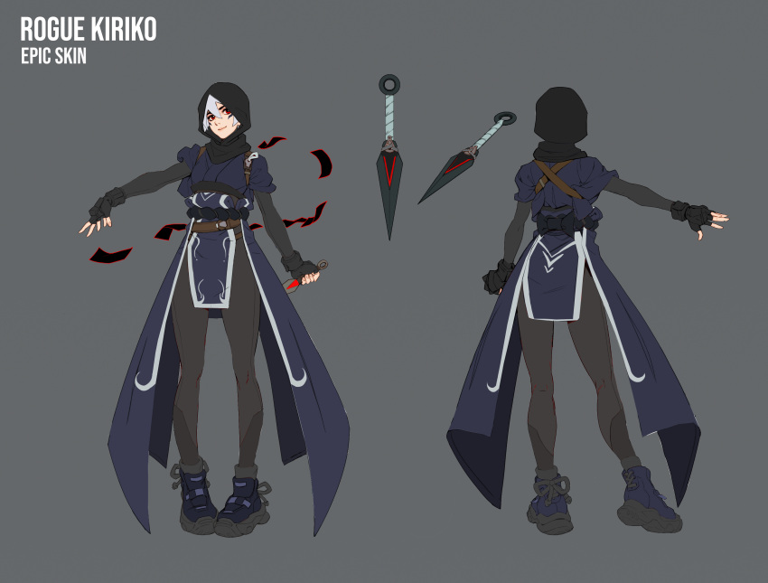 1girl absurdres black_gloves black_hood blue_footwear blue_shirt character_name concept_art english_commentary fingerless_gloves full_body gloves grace_kim highres holding holding_weapon holster japanese_clothes kiriko_(overwatch) kunai long_sleeves official_alternate_costume official_art ofuda open_hands overwatch overwatch_2 red_eyes rogue second-party_source shirt simple_background smile solo weapon white_hair