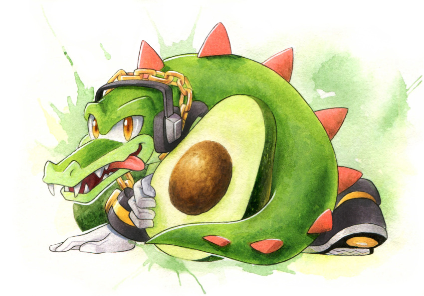 1boy avocado chain chain_necklace finik food fruit gloves gold_chain headphones highres jewelry necklace shoes solo sonic_(series) tongue tongue_out vector_the_crocodile white_gloves