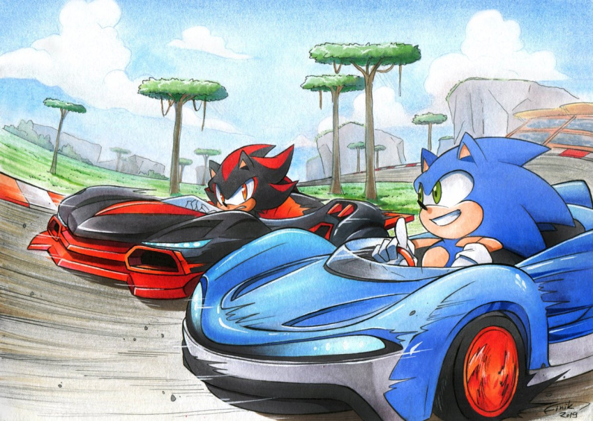 2boys artist_name blue_sky car clouds dated finik green_eyes grin motion_blur motor_vehicle multiple_boys outdoors racing red_eyes road shadow_the_hedgehog signature sky smile sonic_(series) sonic_the_hedgehog team_sonic_racing teeth tree watermark